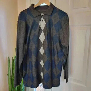 NWOT Saddlebred Argyle Pattern‎ Henley Longsleeve Shirt, Size L Blue Grey